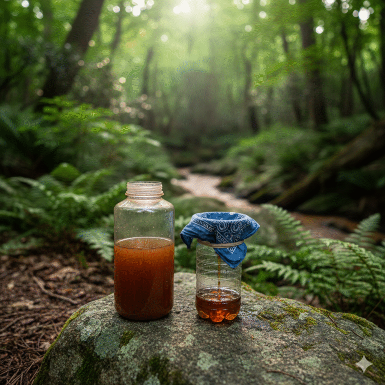 Bottles of muddy water in forest